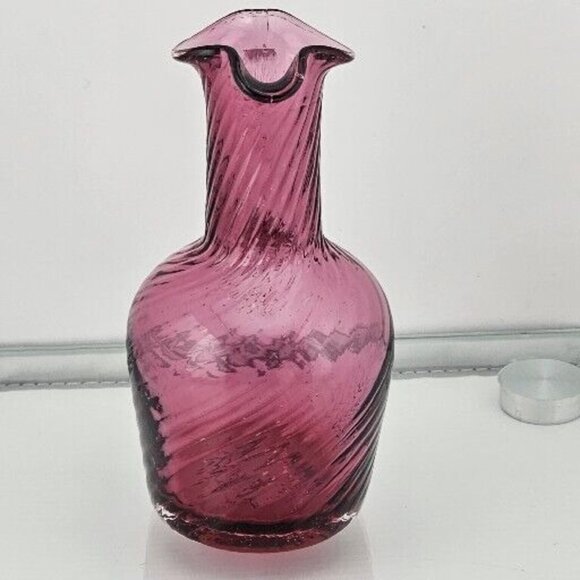 Pilgrim Cranberry Glass Vase Pitcher 5" ruffled rim swirl texture smooth pontil - Picture 4 of 8